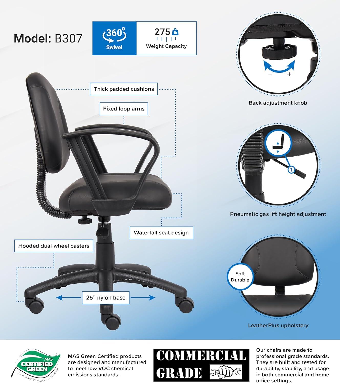 Black LeatherPlus Ergonomic Task Chair with Fixed Arms