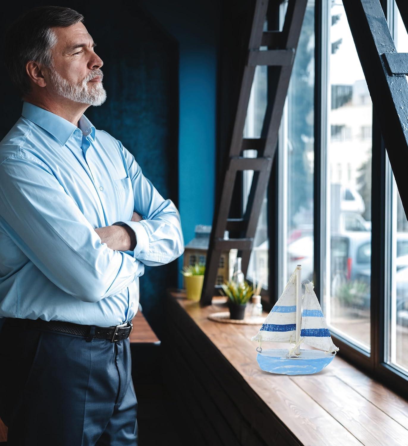 COTA Global Light Blue Stripes Sailboat Extra Small Decor – Handmade Wooden Boat Decor, Cute Beach Style Sail Boat Table Top Decor Living Room Centerpiece – 4.75 Inches