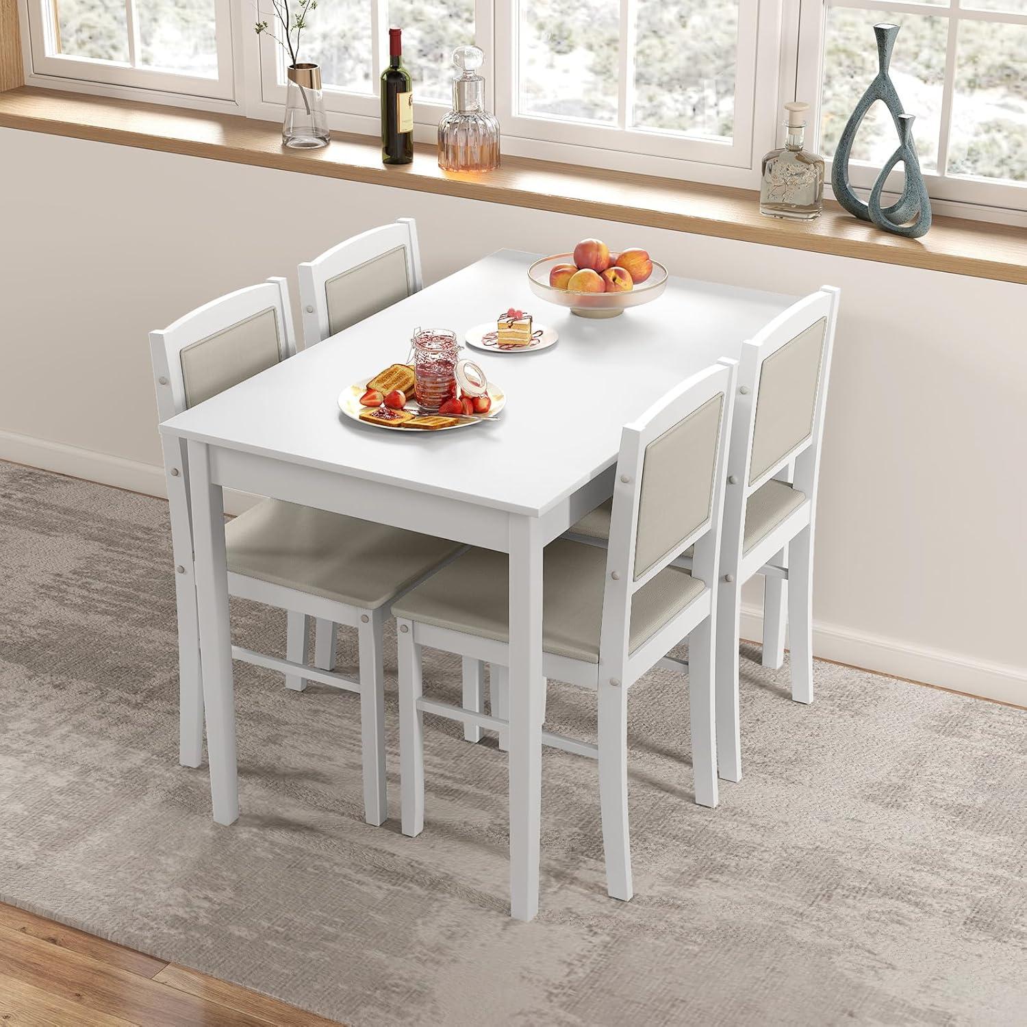 Tangkula Dining Table Set for 4, Farmhouse Solid Wood Dinette Set w/Rubber Wood Legs, Upholstered Seat & Padded Backrest, Mid-Century Modern Dining Table and Chairs Set for Kitchen, Dining Room