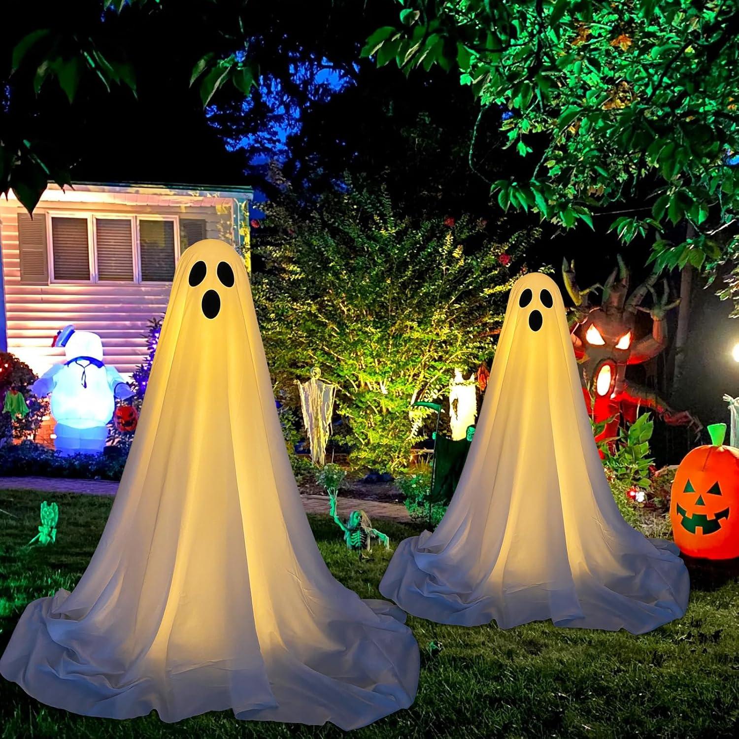 2Packs Halloween Decorations Outdoor, Cute Halloween Decorations Indoor, Spooky Ghost Halloween Decor with Witch Hat, Scary Ghosts Decor with String Lights for Front Porche Yard Garden Home