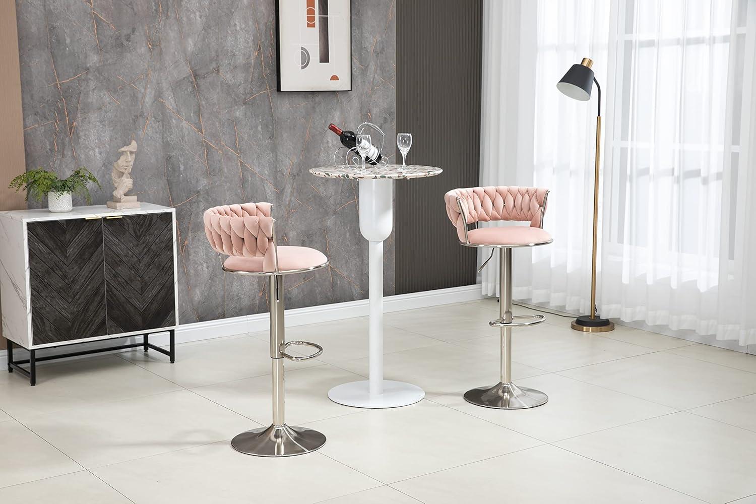 Kakotito 360° Velvet Swivel Bar Stools with Low Back & Footrest, Adjustable Counter Barstools, Silver Bar Stool (Set of 2 - Silver Version, Pink)