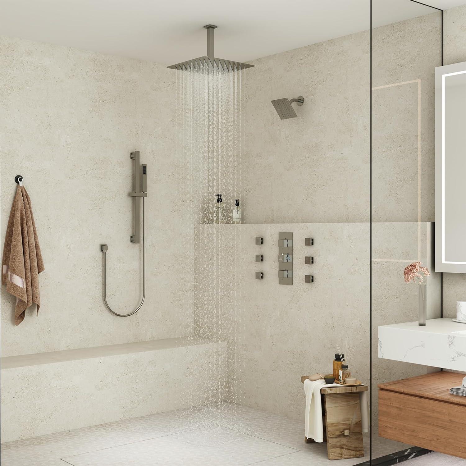 16" Brushed Nickel Ceiling-Mounted Thermostatic Shower System with Body Jets