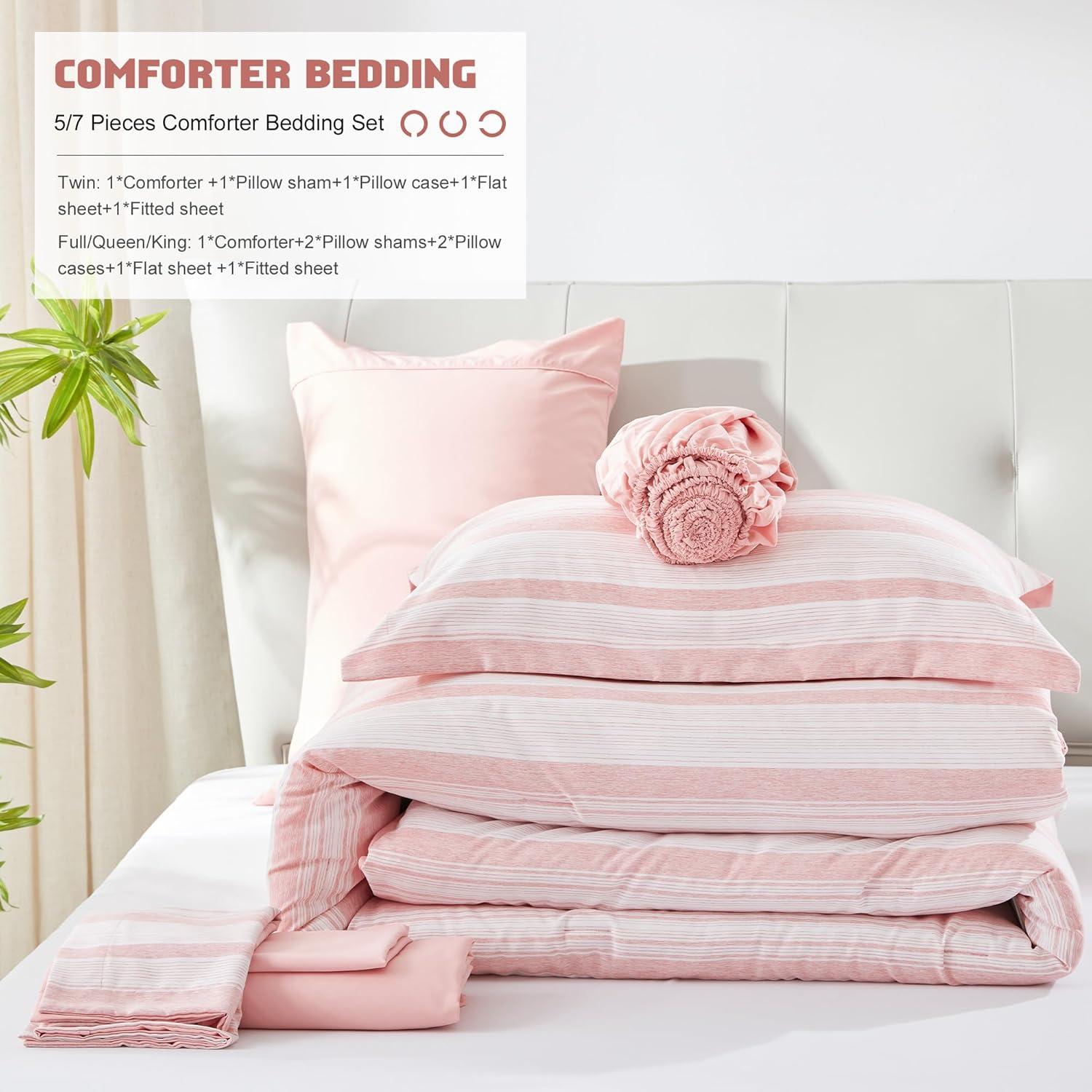 7 Pieces Comforter Set for All Seasons Pink - King