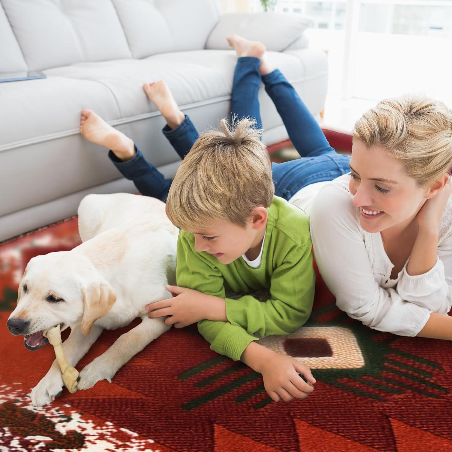 Rust and Green Geometric Synthetic 5' x 7' Area Rug