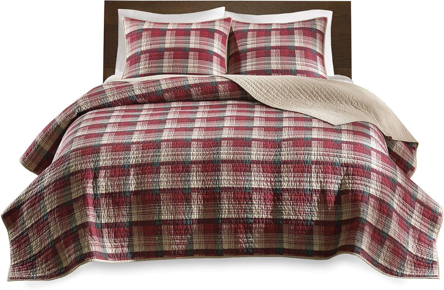 Red and Tan Plaid Cotton Reversible Full Quilt Set