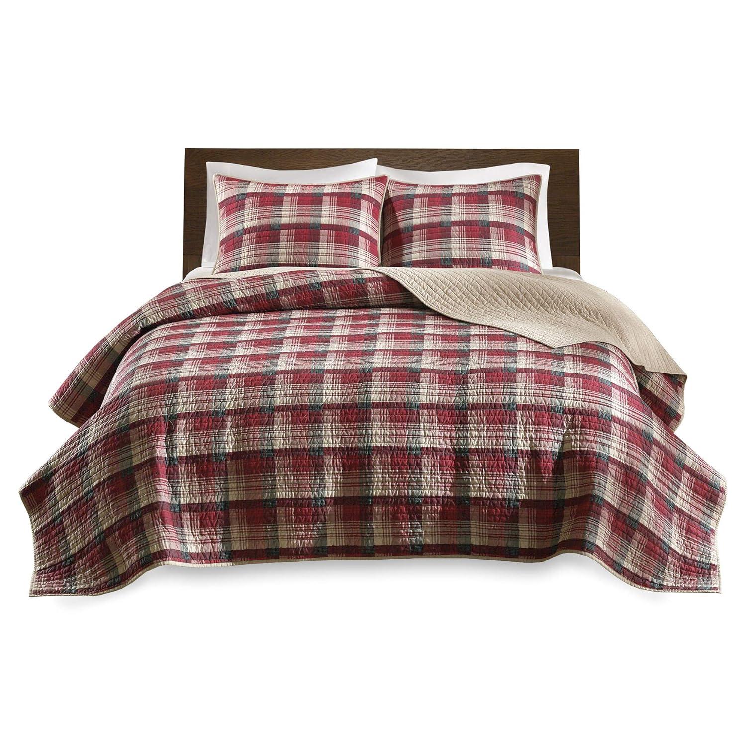 Red and Tan Plaid Cotton Reversible Full Quilt Set