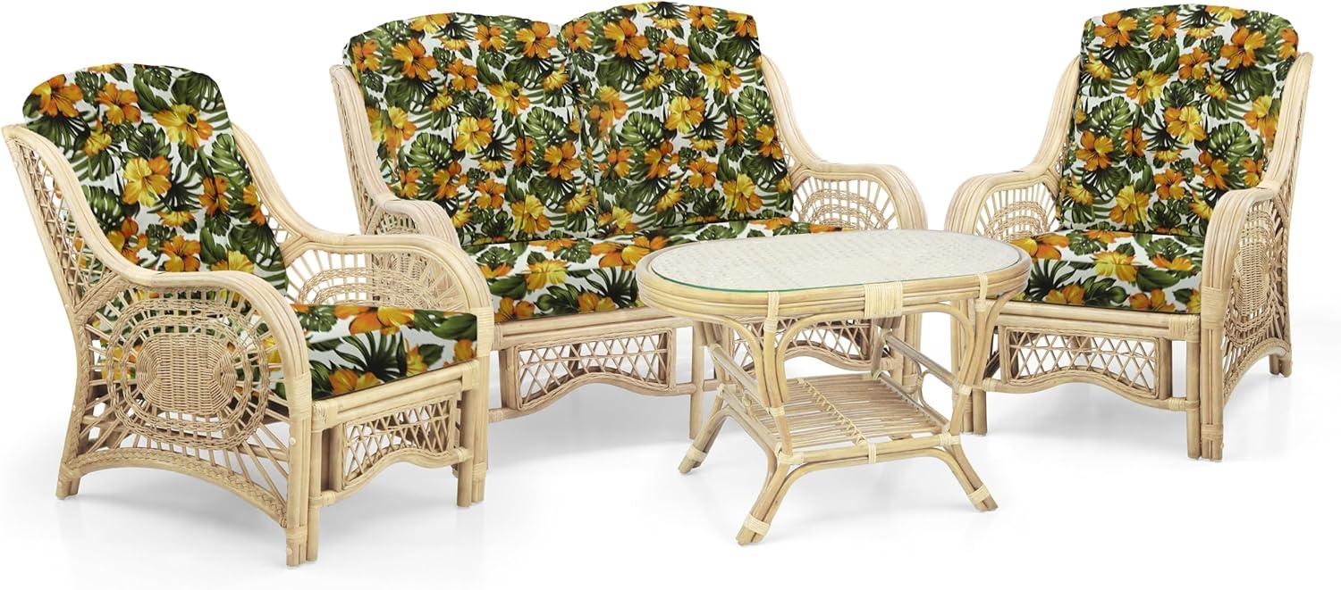 Bay Isle Home™ Malibu Lounge Set Of 4: 2 Natural Rattan Wicker Chairs, Loveseat And Coffee Table W/Glass Handmade, Natural Color