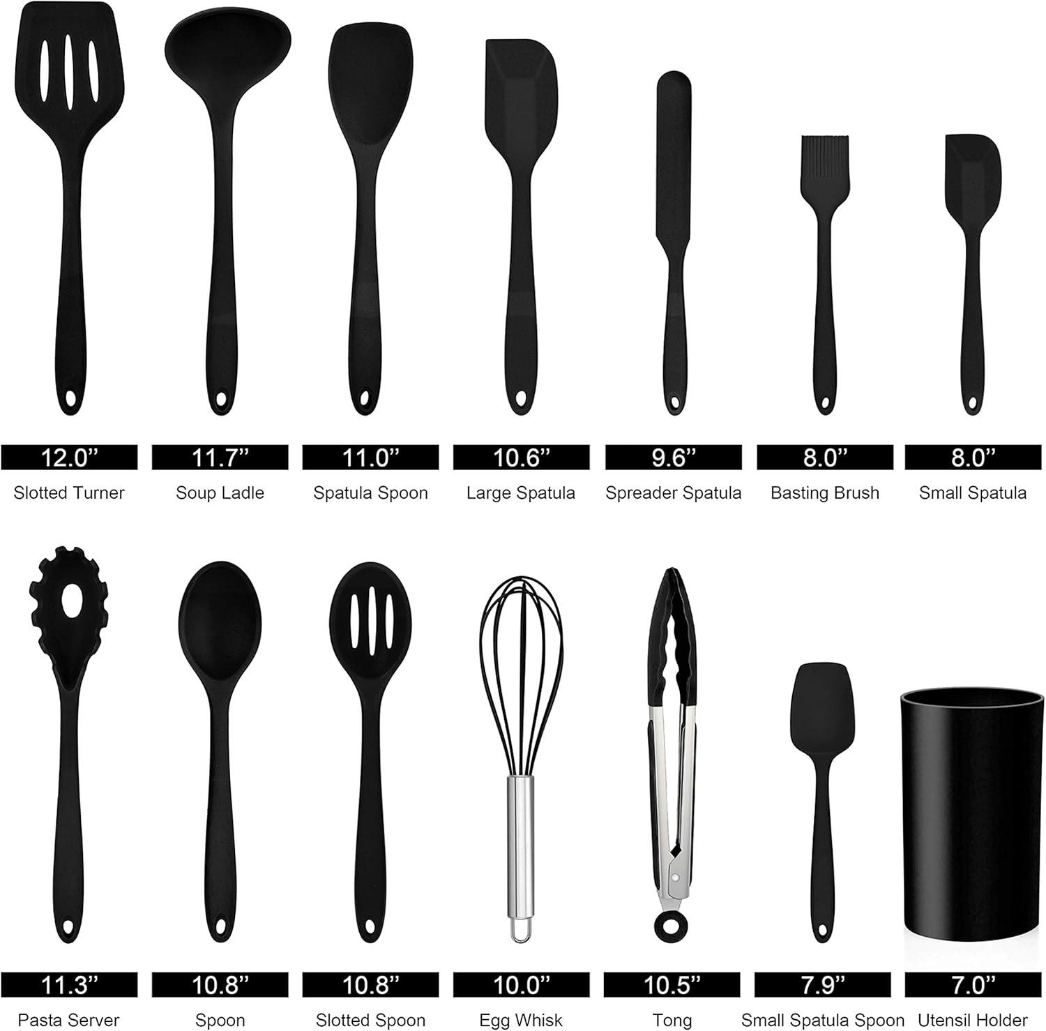 Walchoice 14 Pcs Cooking Utensils Set with Holder, Heat Resistant Silicone Kitchen Cookware Utensils Set, Kitchen Cooking Tools Includes Spatula Spoon Turner Whisk Tong, Dishwasher safe, Black