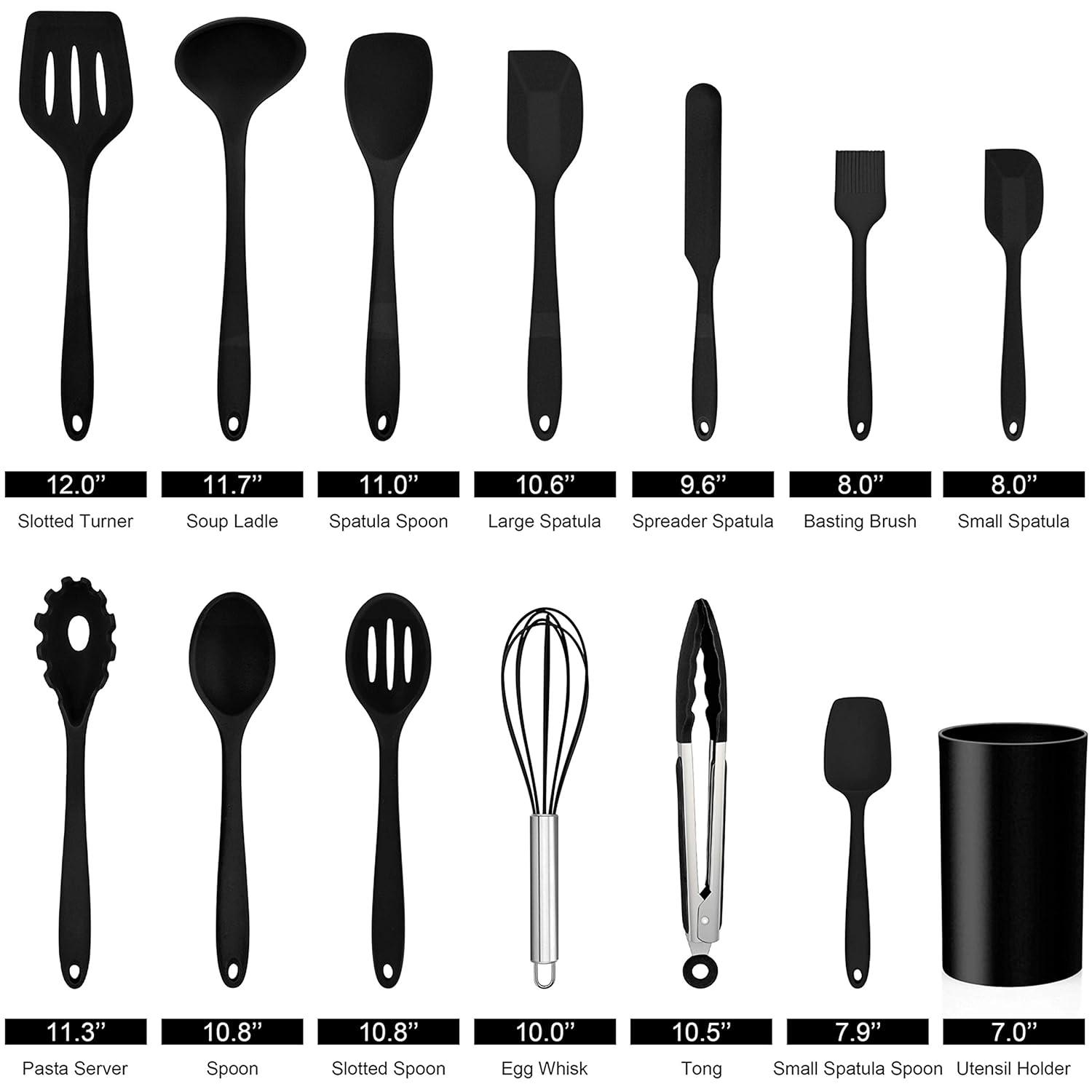 Walchoice 14 Pcs Cooking Utensils Set with Holder, Heat Resistant Silicone Kitchen Cookware Utensils Set, Kitchen Cooking Tools Includes Spatula Spoon Turner Whisk Tong, Dishwasher safe, Black