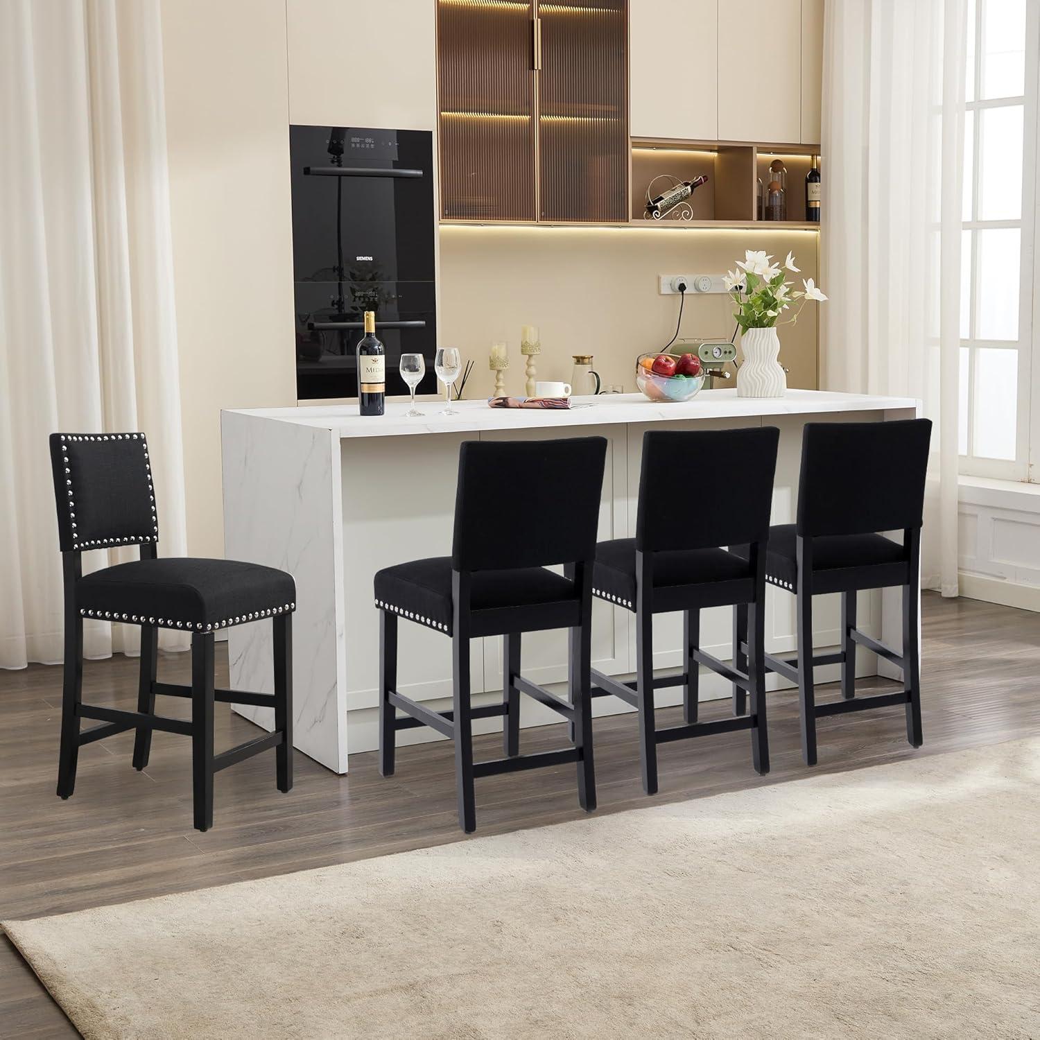 LSSBOUGHT Counter Height Barstools Linen Fabric Upholstered Counter Stool with Rubber Wood Legs Nailed Trim Bar Chair for Kitchen Island (Black, 2Pcs 24" Seat Height)