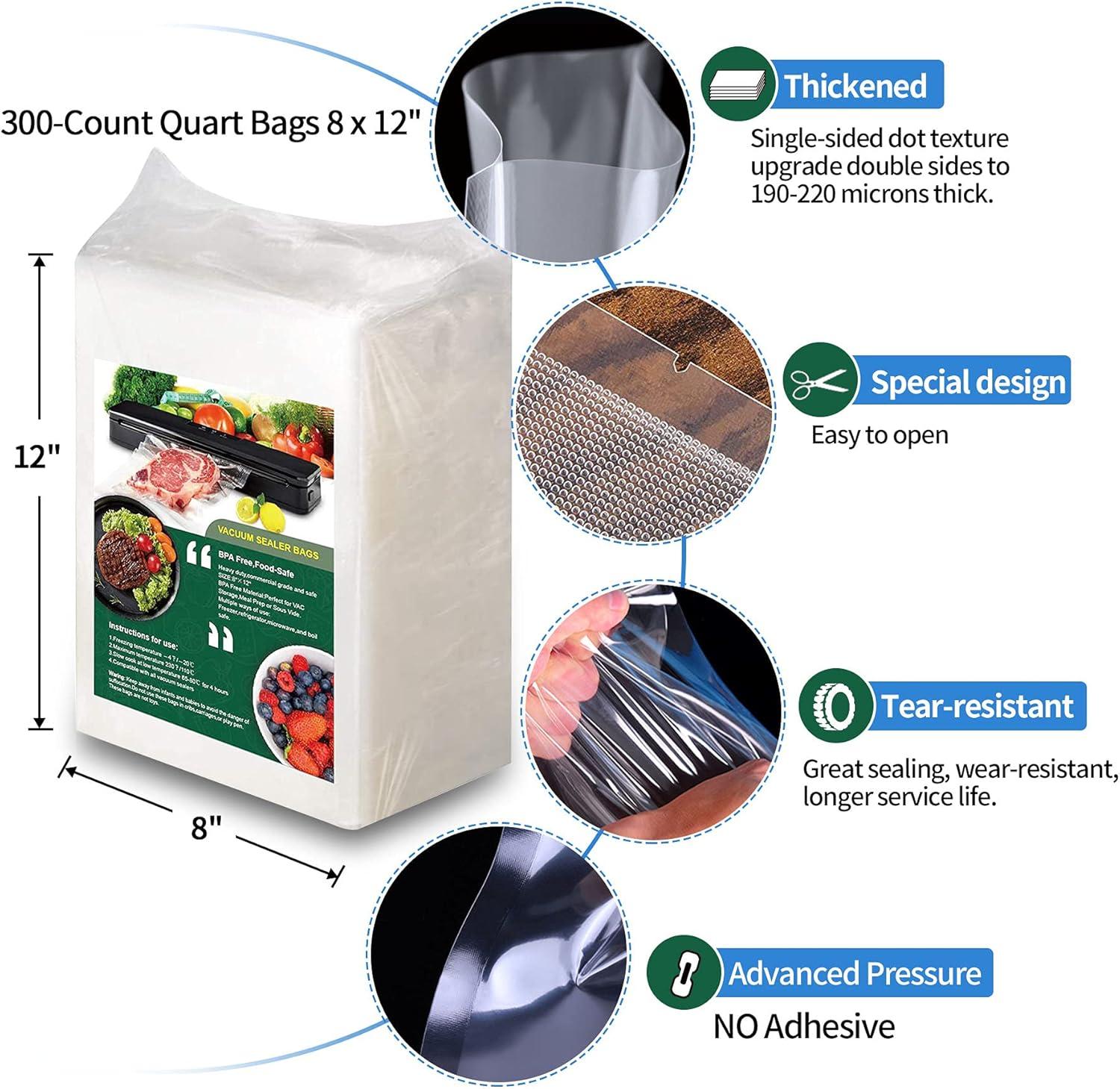 BEACHWATER POOL & SPA, LLC 300-Count Food Vacuum Sealer Bags, Thick BPA Free Sous Vide Bags Compatible With All Vac Machines, Food Saver, Seal A Meal, Commercial Grade Quart Precut Meal Prep Storage Bags