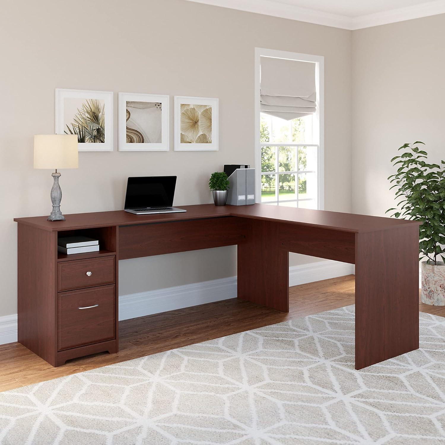 Harvest Cherry L-Shaped Home Office Desk with Filing Cabinet