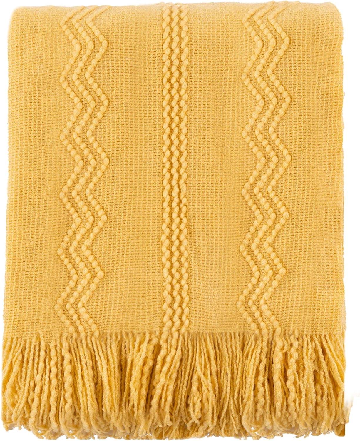 Battilo Throw Blanket, Knitted Yellow Geometric Throws, 50" x 60"