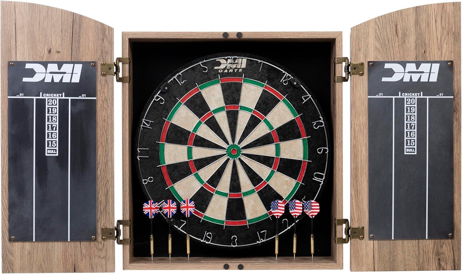 Rustic Tan Woodgrain Bristle Dartboard Cabinet Set with Steel Tip Darts