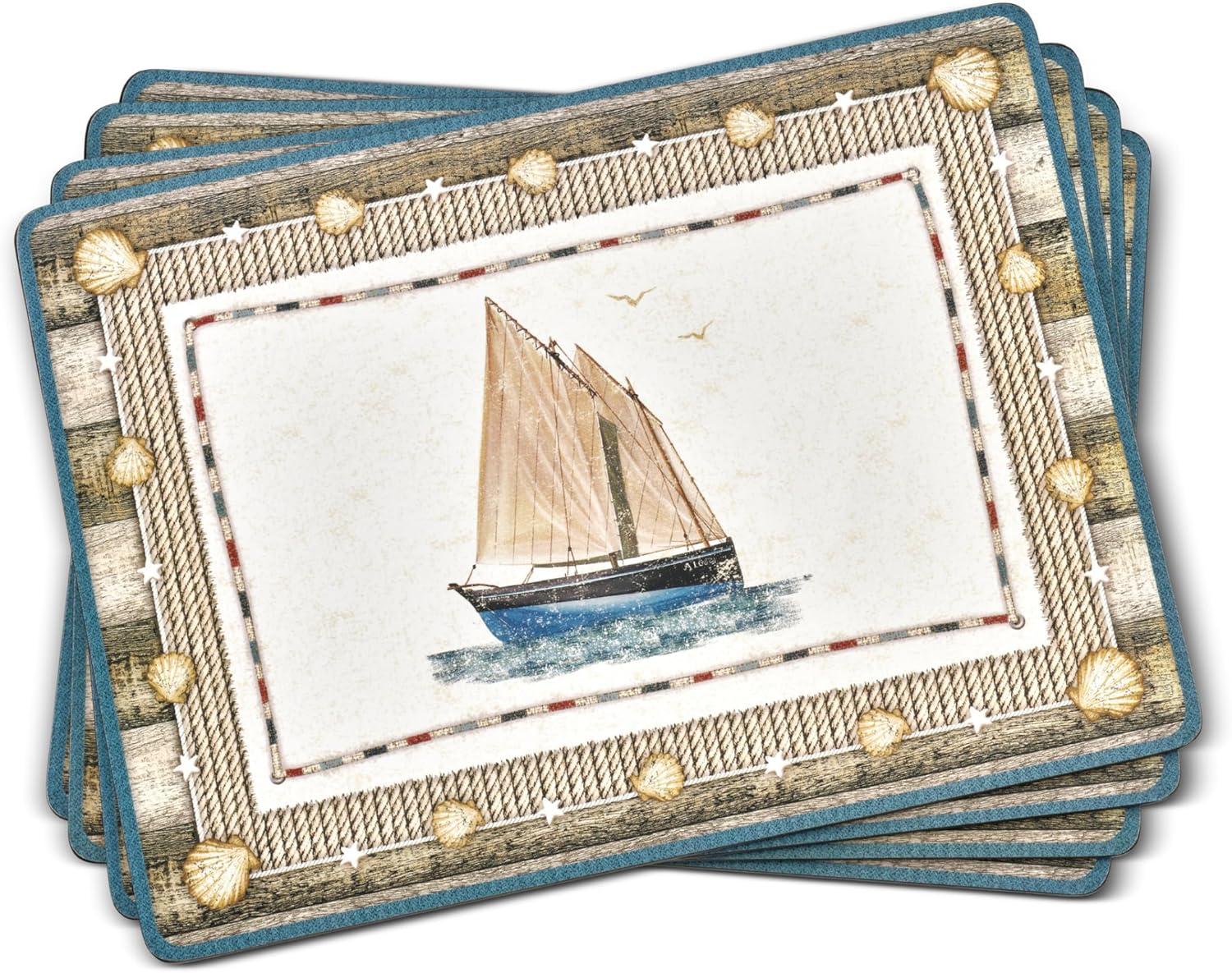 Pimpernel Coastal Breeze Placemats Set of 4 with Cork Backing - Heat & Stain Resistant Dining Table Mats Featuring Beach-Inspired Blue & White Design