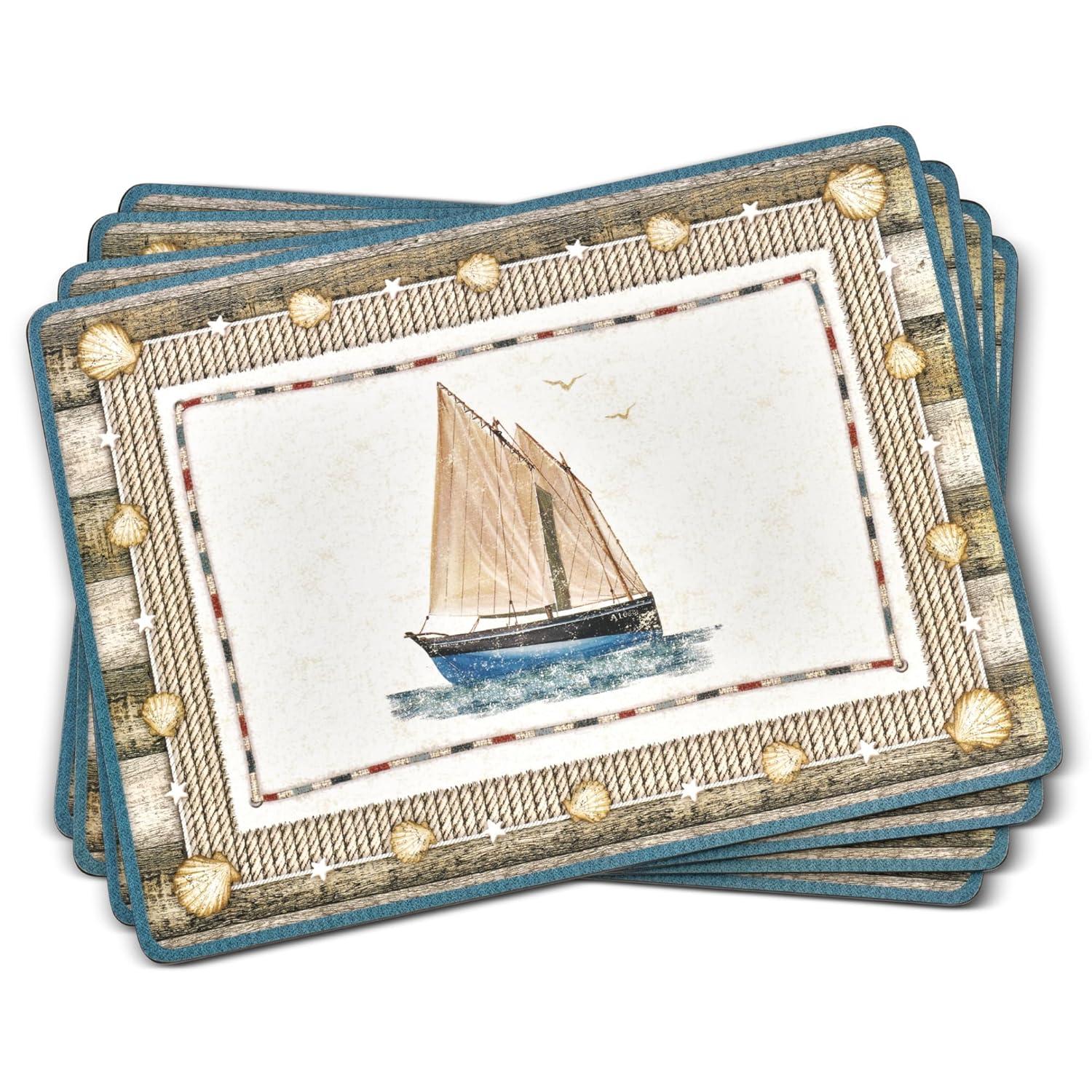 Pimpernel Coastal Breeze Placemats Set of 4 with Cork Backing - Heat & Stain Resistant Dining Table Mats Featuring Beach-Inspired Blue & White Design