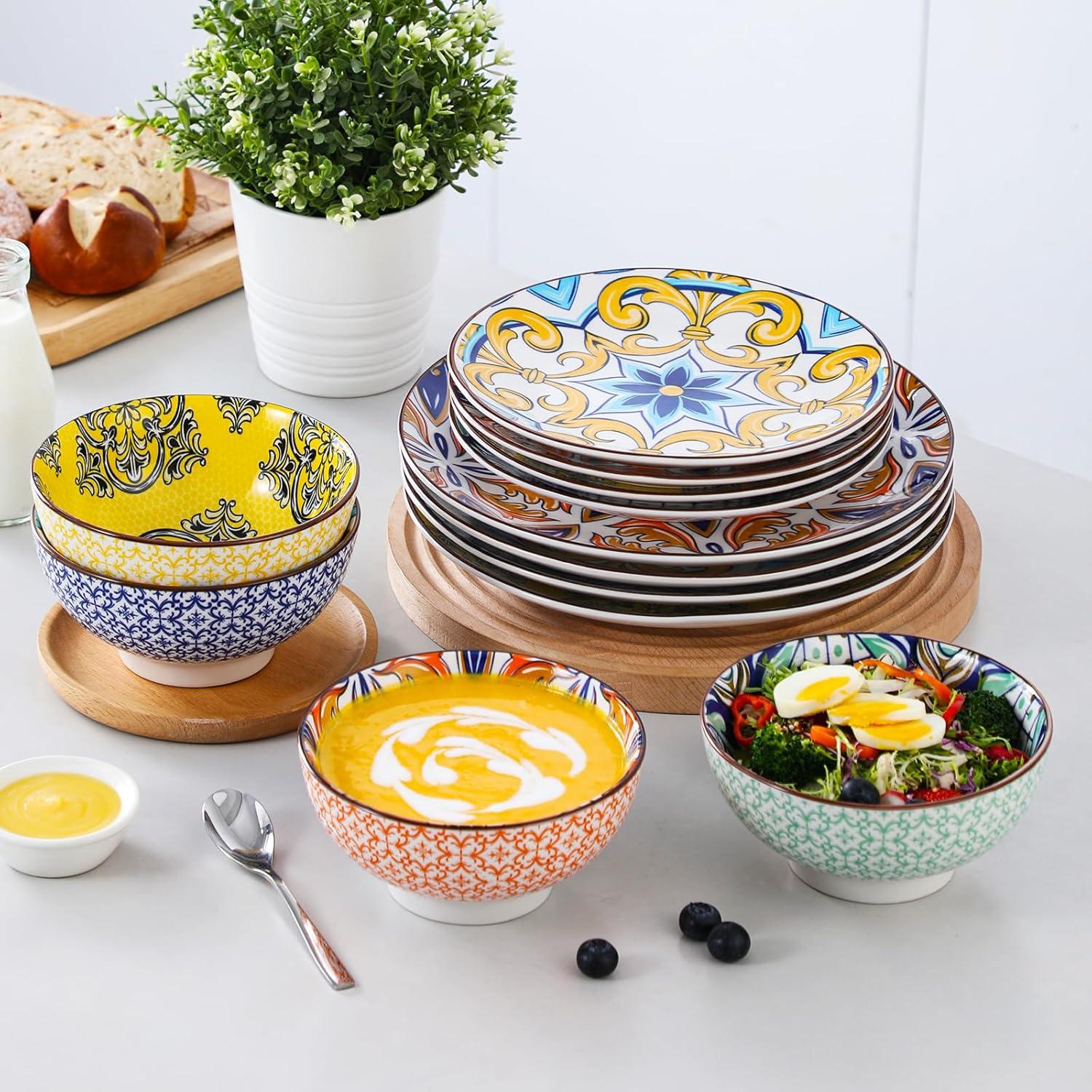 Bloomsbury Market Plates And Bowls Sets For 4,  Porcelain Dinnerware Sets Dishware Sets Chip Resistant Ceramic Dish Set Dining Dinner Ware Service, Series Jasmin,(12 Pieces/Mixcolor)