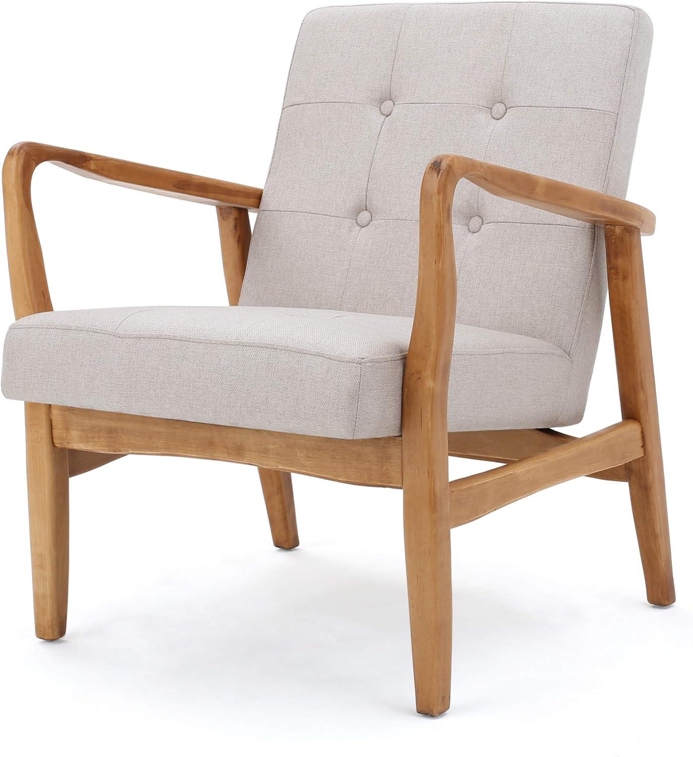 Elegant Mid-Century Tufted Club Chair in Beige Leather and Wood