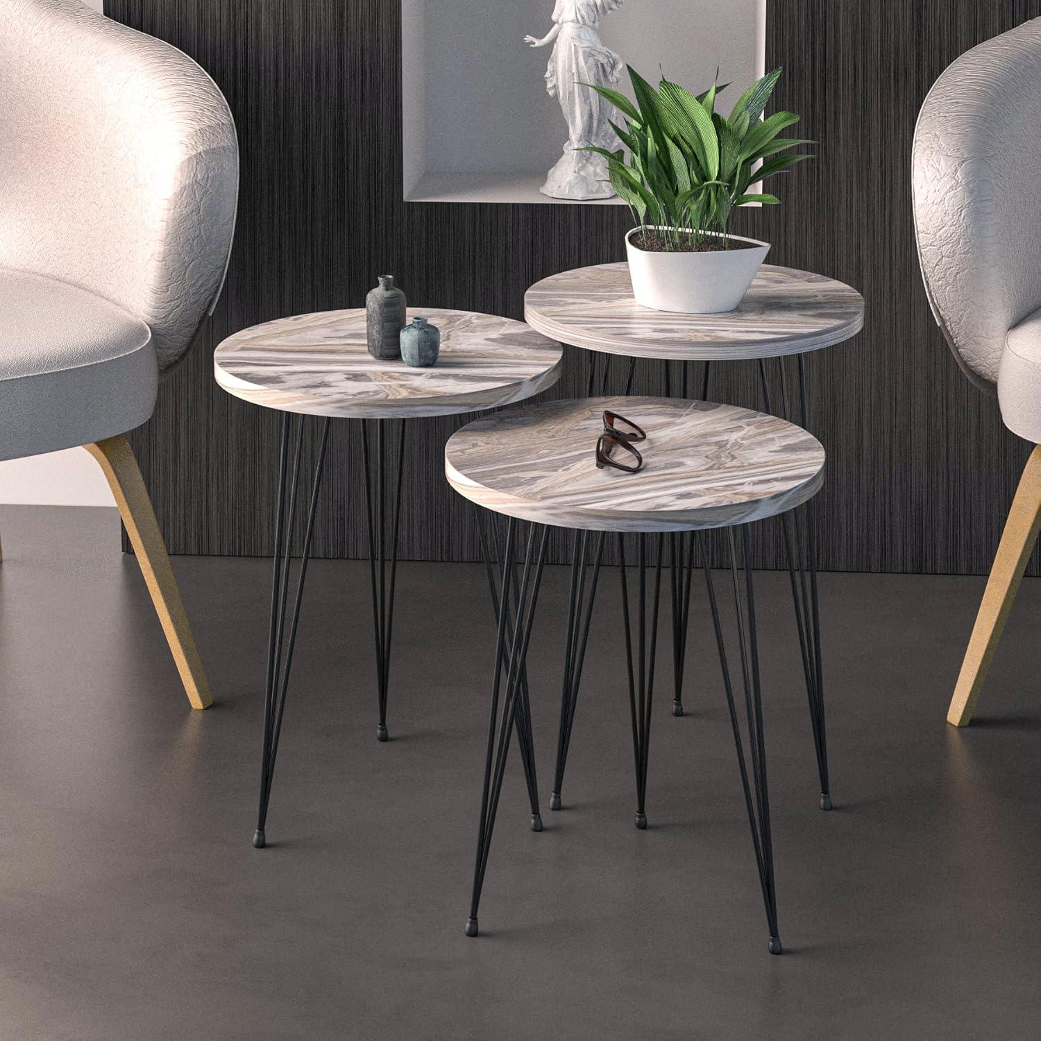 PAK HOME Set of 3 Grey Marble Nesting End Tables Round Wood Stacking Coffee Side Accent Table with Metal Legs for Living Room, Home Office, Nightstands for Bedroom