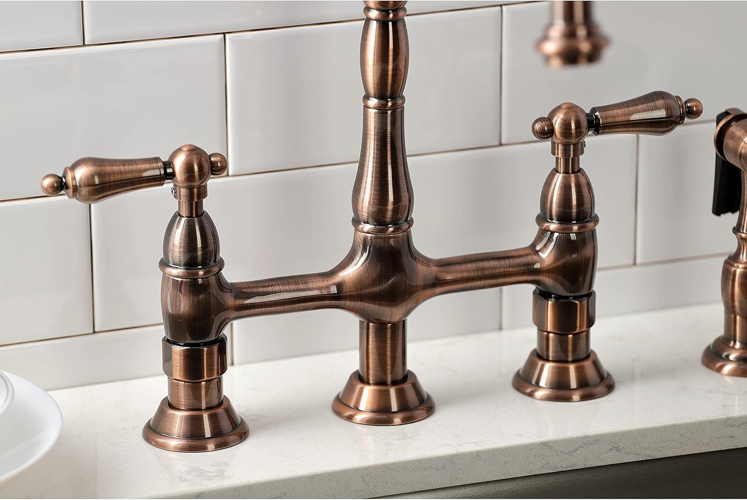 Kingston Brass Heritage Two-Handle 4-Hole Deck Mount Bridge Kitchen Faucet with Brass Side Sprayer