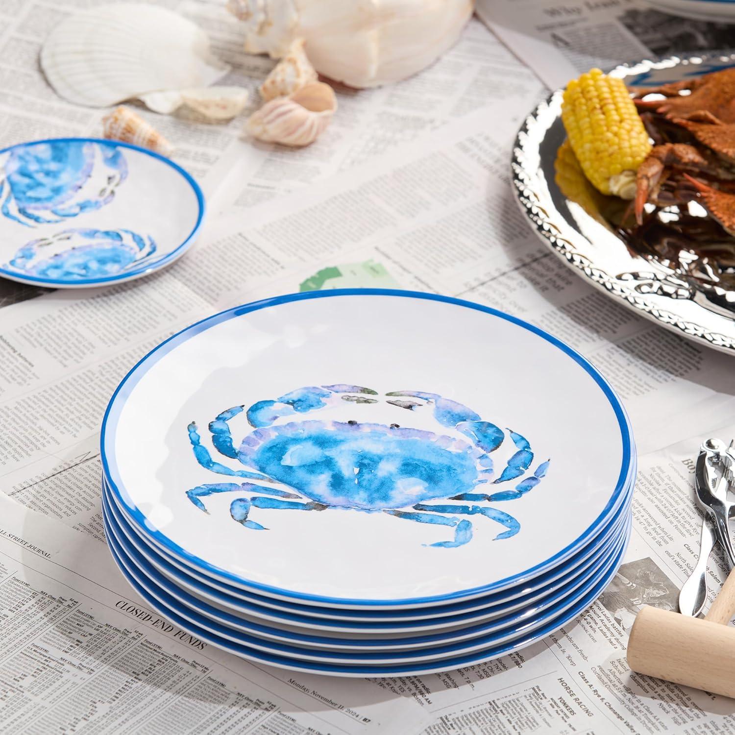 Blue Crab Melamine 11-Inch Dinner Plates Set for Coastal Dining