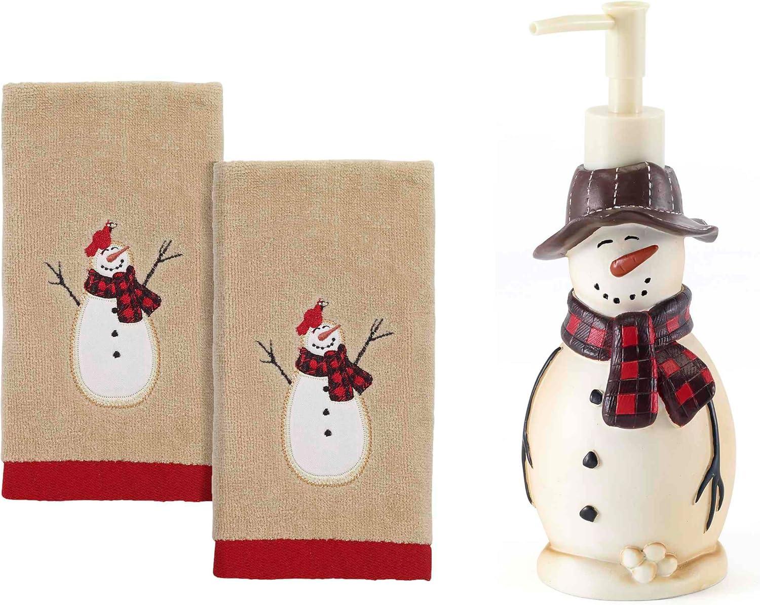 Avanti Linens Snowmen Gathering Lotion Dispenser & 2-Pack Fingertip Towel Set
