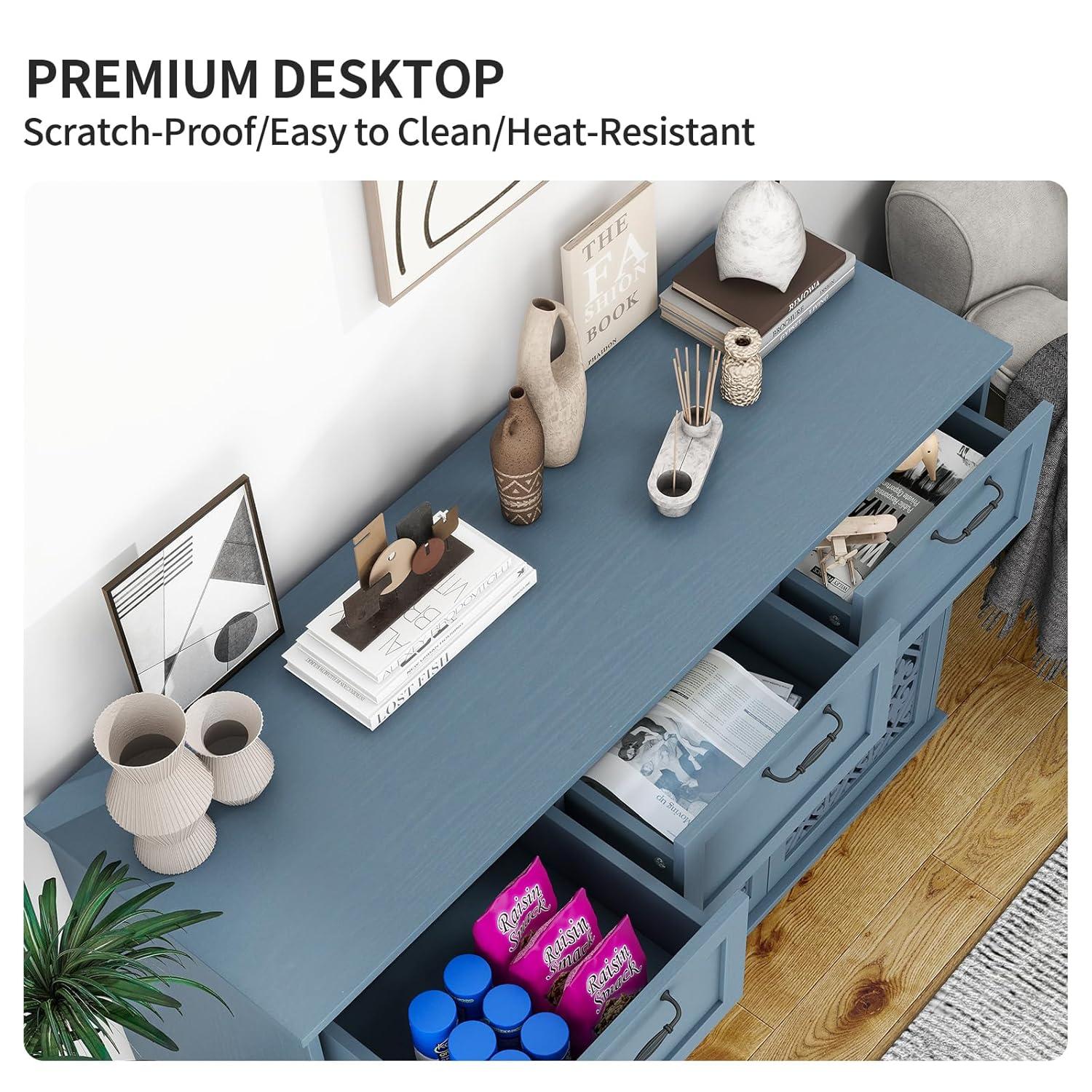 Sideboard Buffet Cabinet with Storage - Accent Storage Cabinet with Hollow Carved Pattern, Modern 2 Door 3 Drawer Cabinet, Farmhouse Wood Credenza for Living Room, Dining Room (Blue)