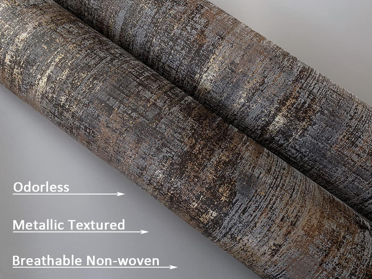 Charcoal and Gold Distressed Industrial Metallic Wallpaper Roll