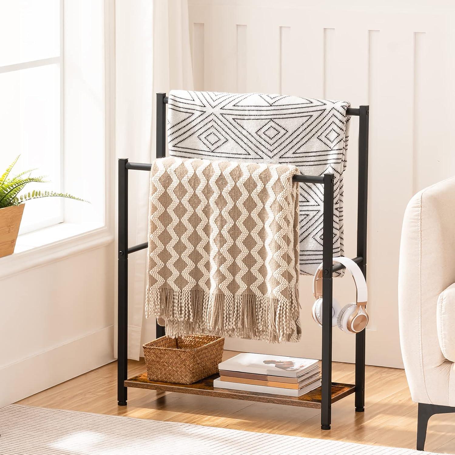 Rustic Brown and Black 2-Tier Freestanding Towel Rack