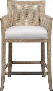 Coastal White Wood and Metal Counter Stool with Off-White Cushion