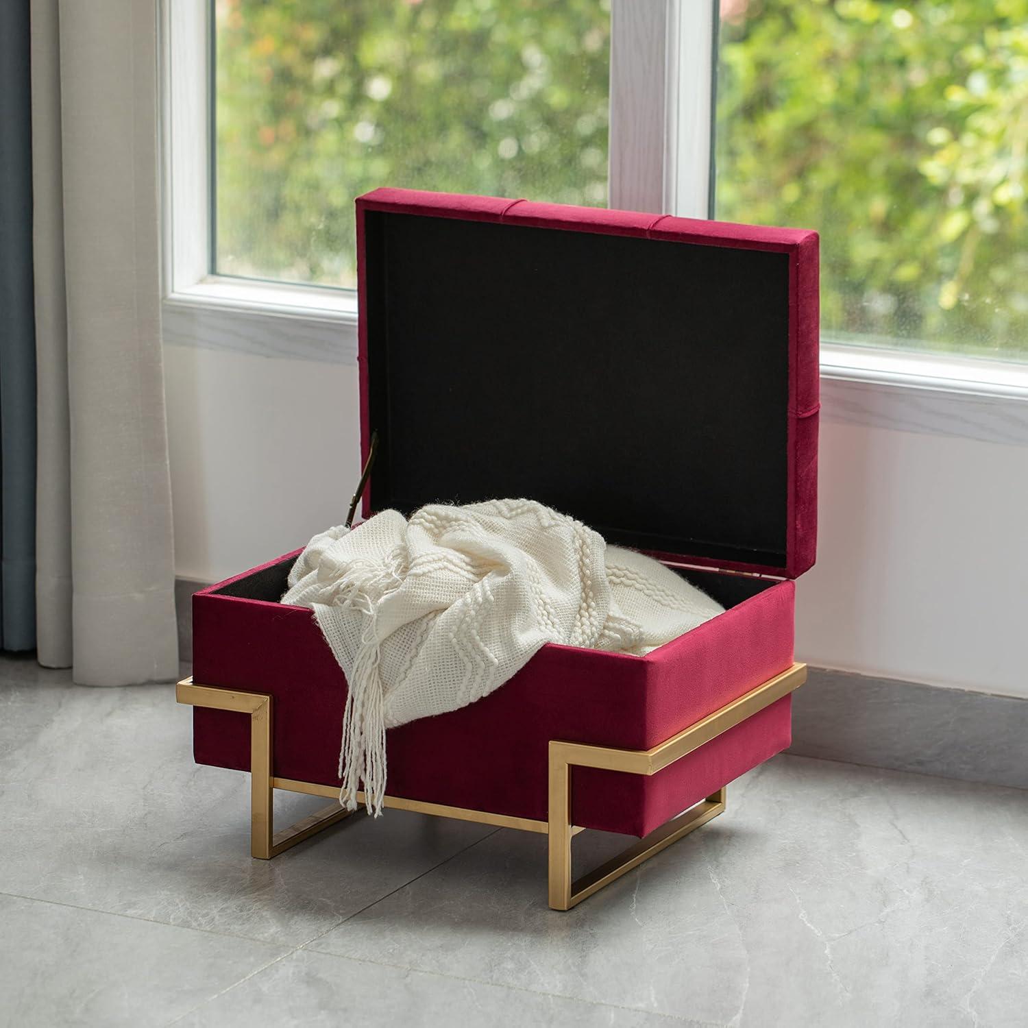 Velvet Red Storage Ottoman with Golden Abstract Legs