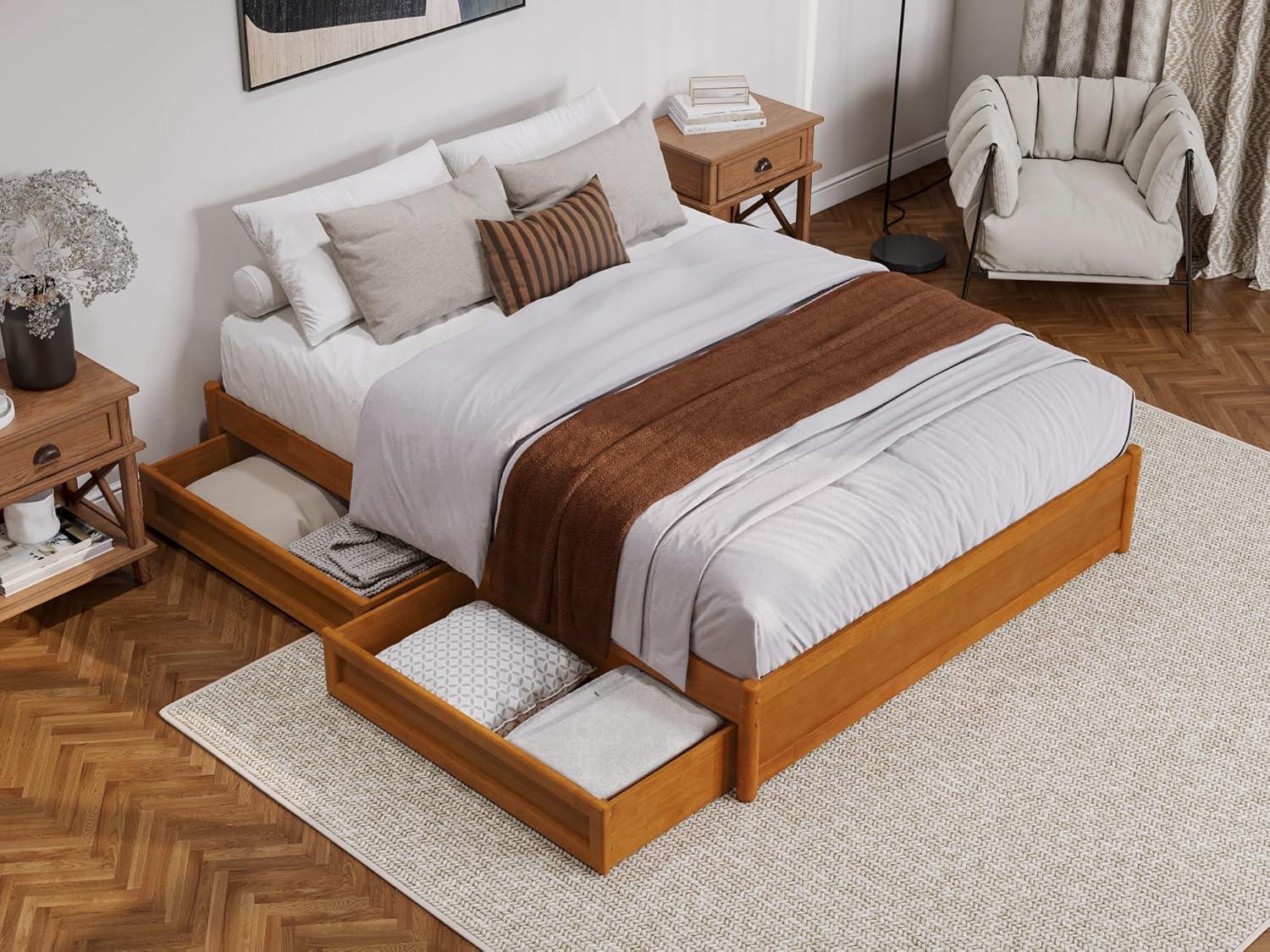Barcelona Queen Wood Panel Platform Bed with Storage Drawers in Light Toffee