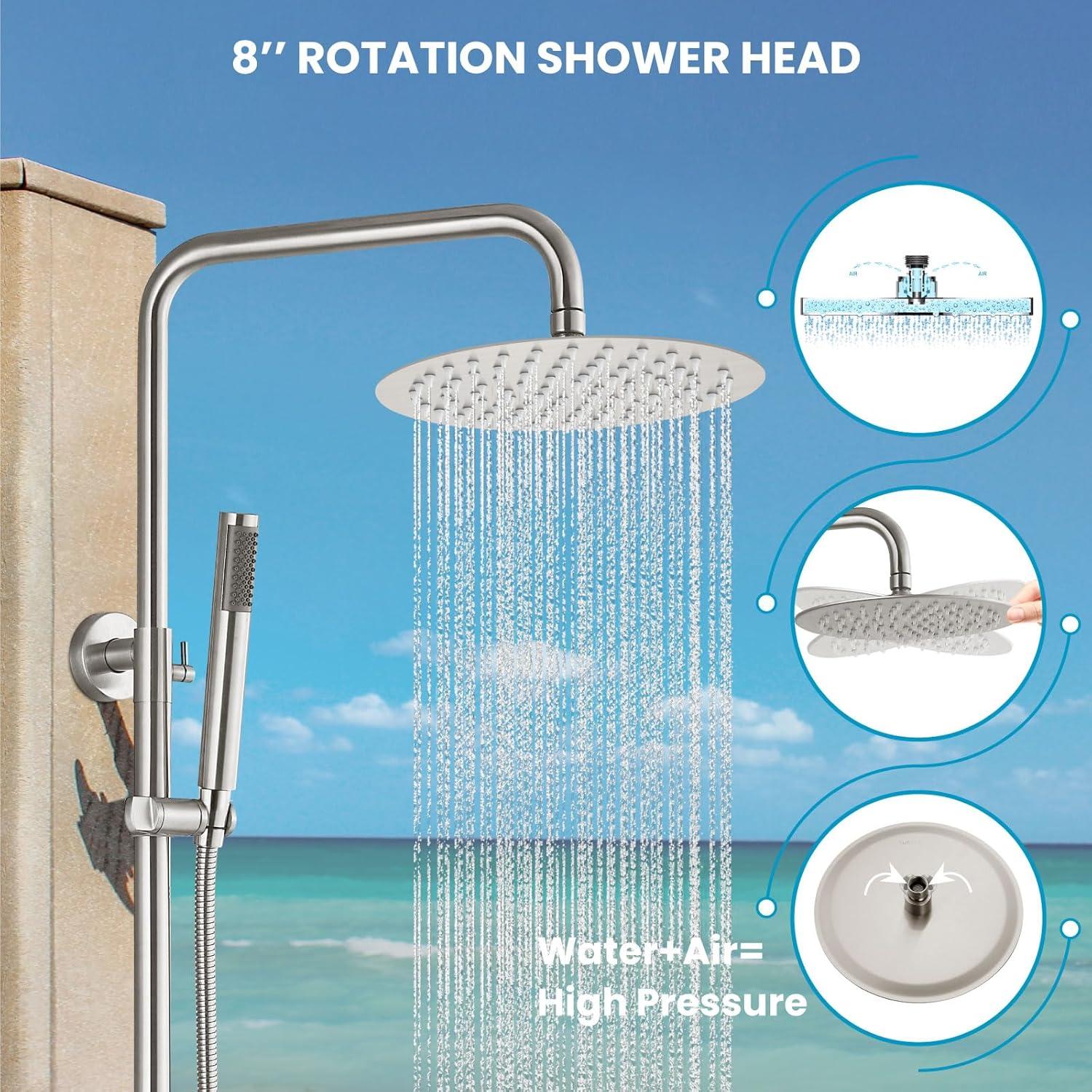 gotonovo SUS304 Outdoor Shower Fixture High Pressure Shower System Combo Wall Mount 2 Dual Function Shower Faucet Set Round Handheld Spray Brushed Nickel Single Handle