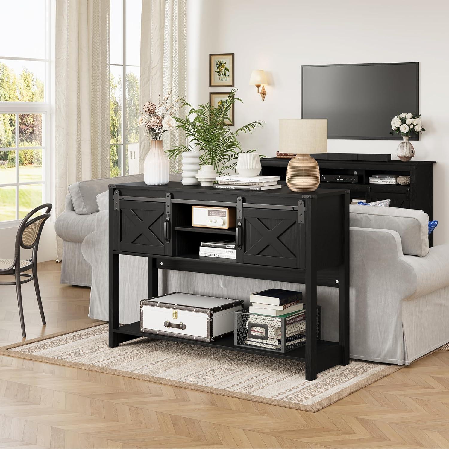 Farmhouse Console Table with Storage Shelf & Sliding Barn Door, Wood Entryway Table with Storage, 46" Narrow Long Sofa Table, Behind Couch Table, Console Tables for Living Room, Entryway, Foyer