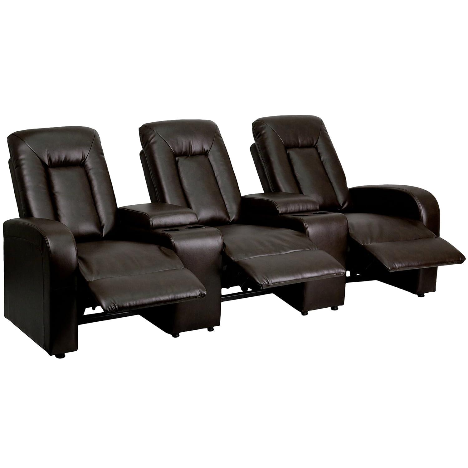 Brown Faux Leather Reclining Theater Seating with Cup Holders