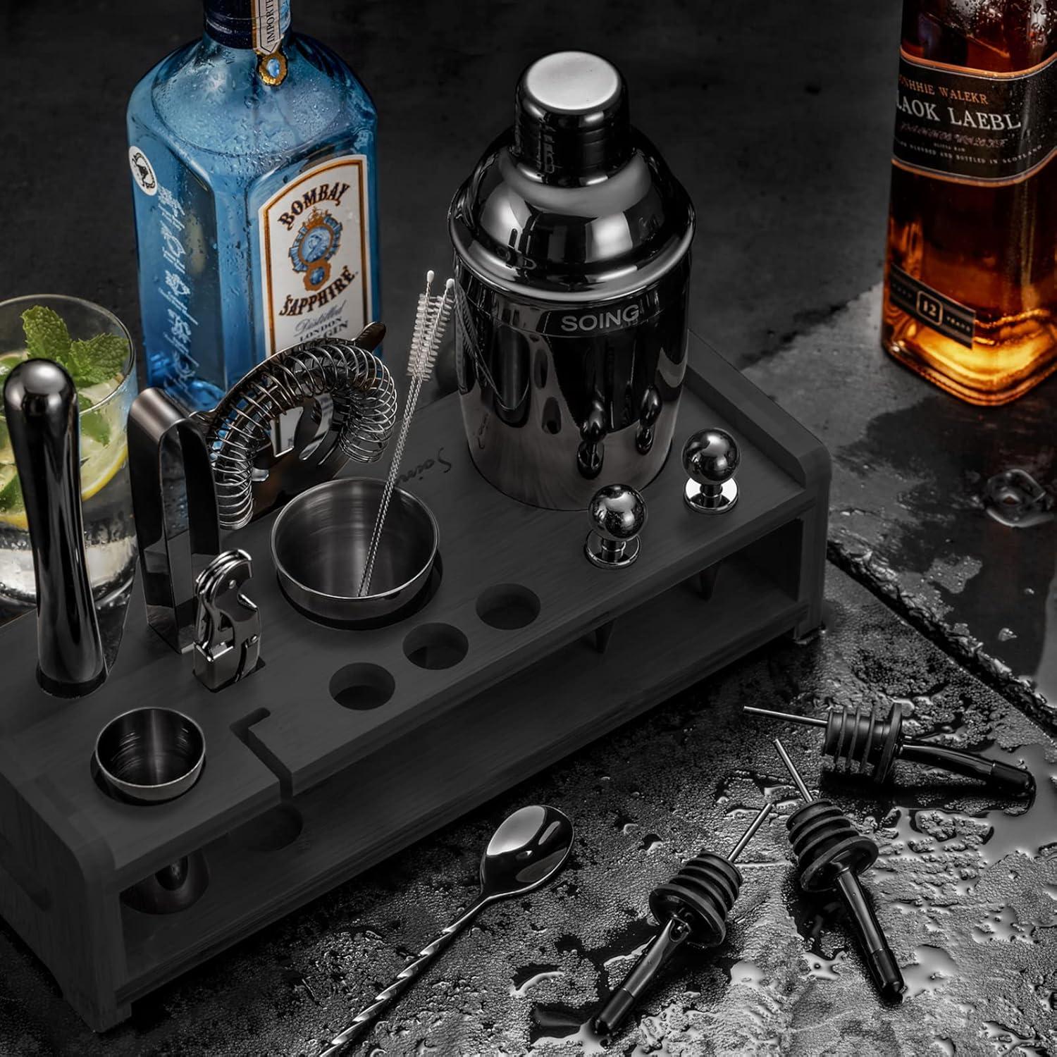 24-Piece Black Stainless Steel Bartender Kit with Stand