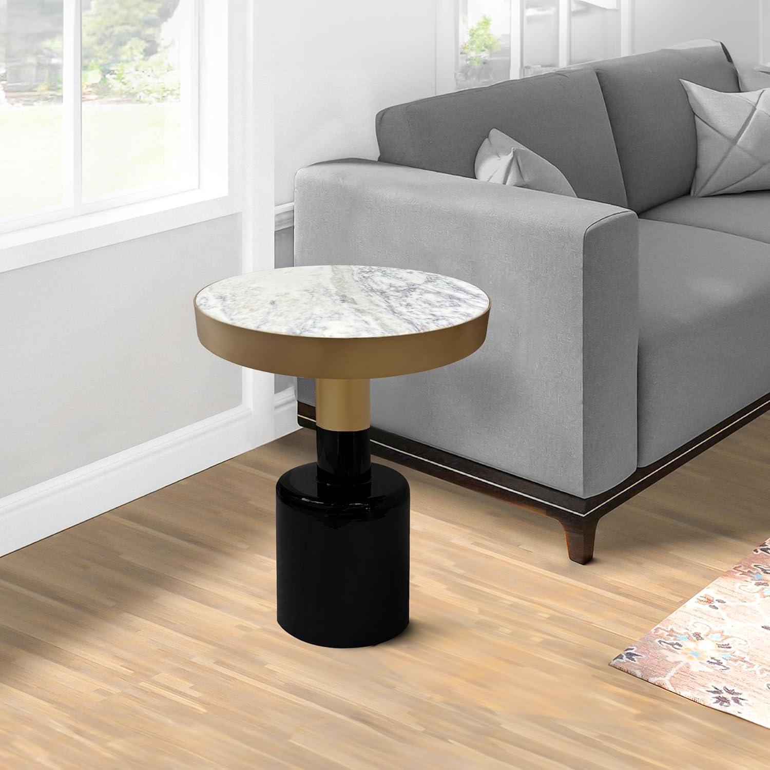 The Urban Port 20" Round Side End Table Gold Banded Natural White Marble Top Black Enamel Coated Iron Pedestal Base White/Gold