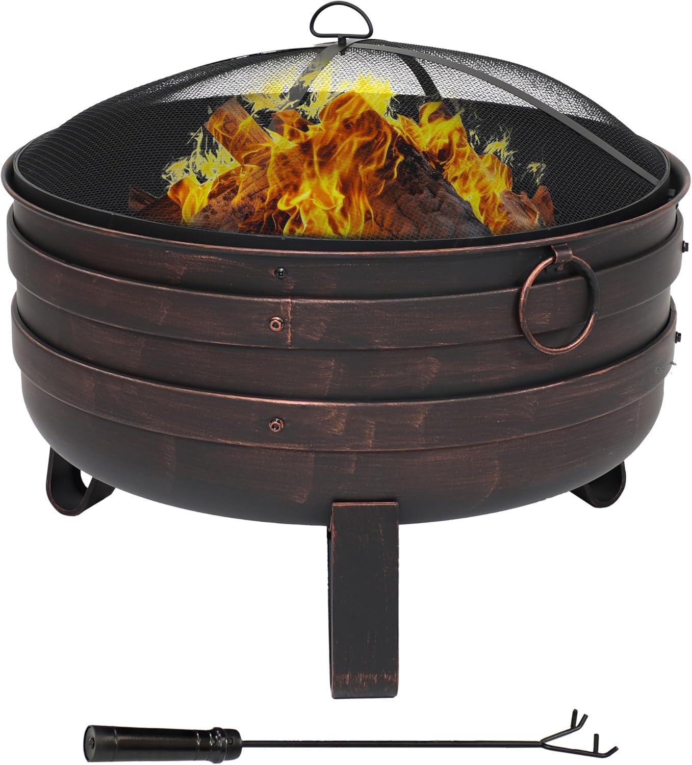 Sunnydaze Heavy-Duty Steel Cauldron Fire Pit with Spark Screen and PVC Protective Cover - 28.5-Inch Round - Brushed Bronze