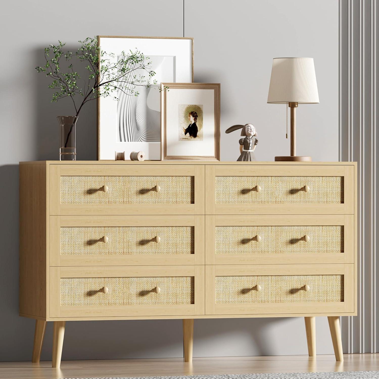 Natural Rattan and Wood Double Dresser with Six Drawers