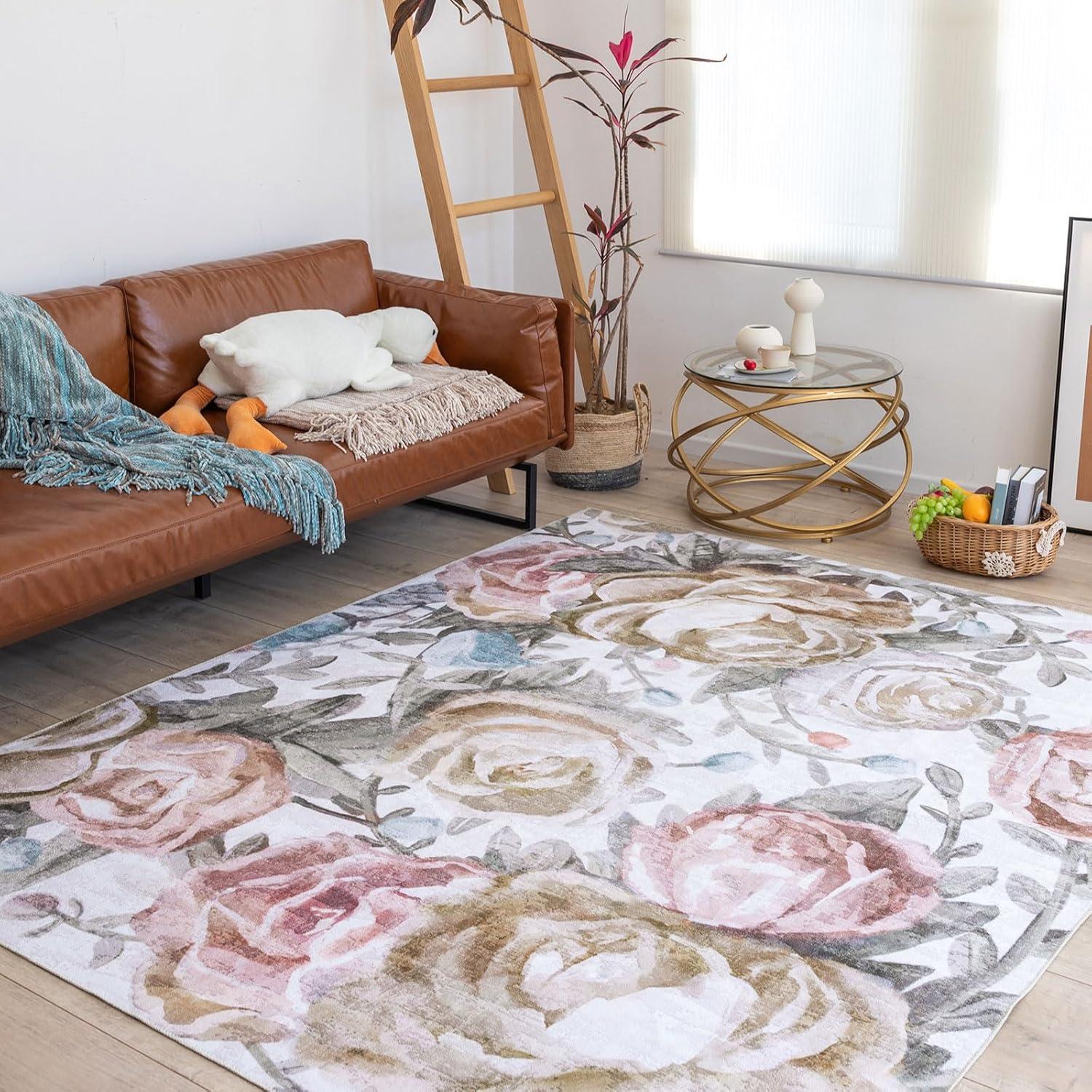 Jasmine Modern Flower Design Machine Washable Area Rug Pink/Yellow/Ivory Multi