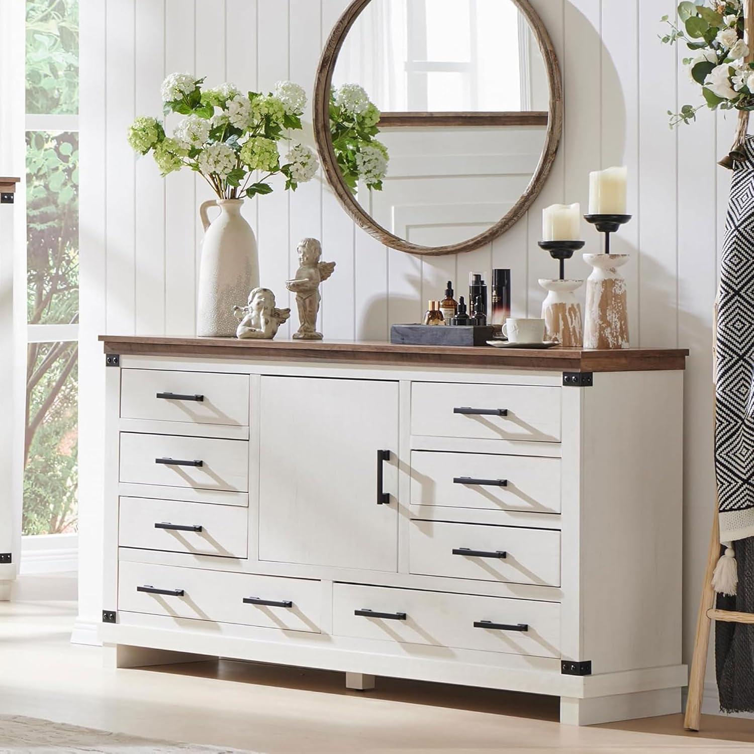 OKD Farmhouse 8 Drawer Dresser for Bedroom with Adjustable Shelf, Wood Long Chest of Drawers with Thick Plank Styling, Rustic Large Closet Dresser for Bedroom, Living Room, Antique White