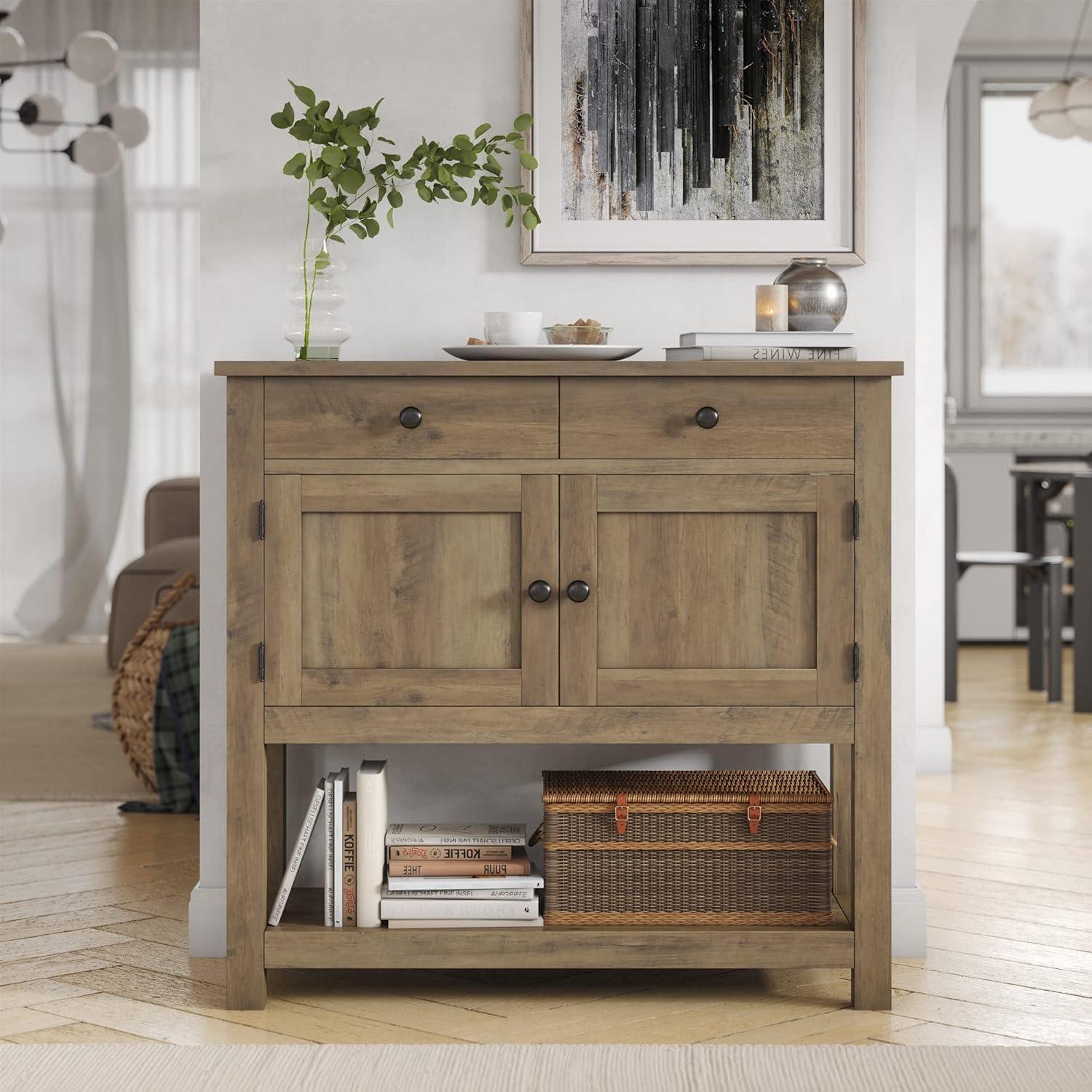 Homfa Farmhouse Console Table with 2 drawers & 2 door cabinet, Sofa Table Entryway Table with Storage Shelf for living room, Hallway, Brown