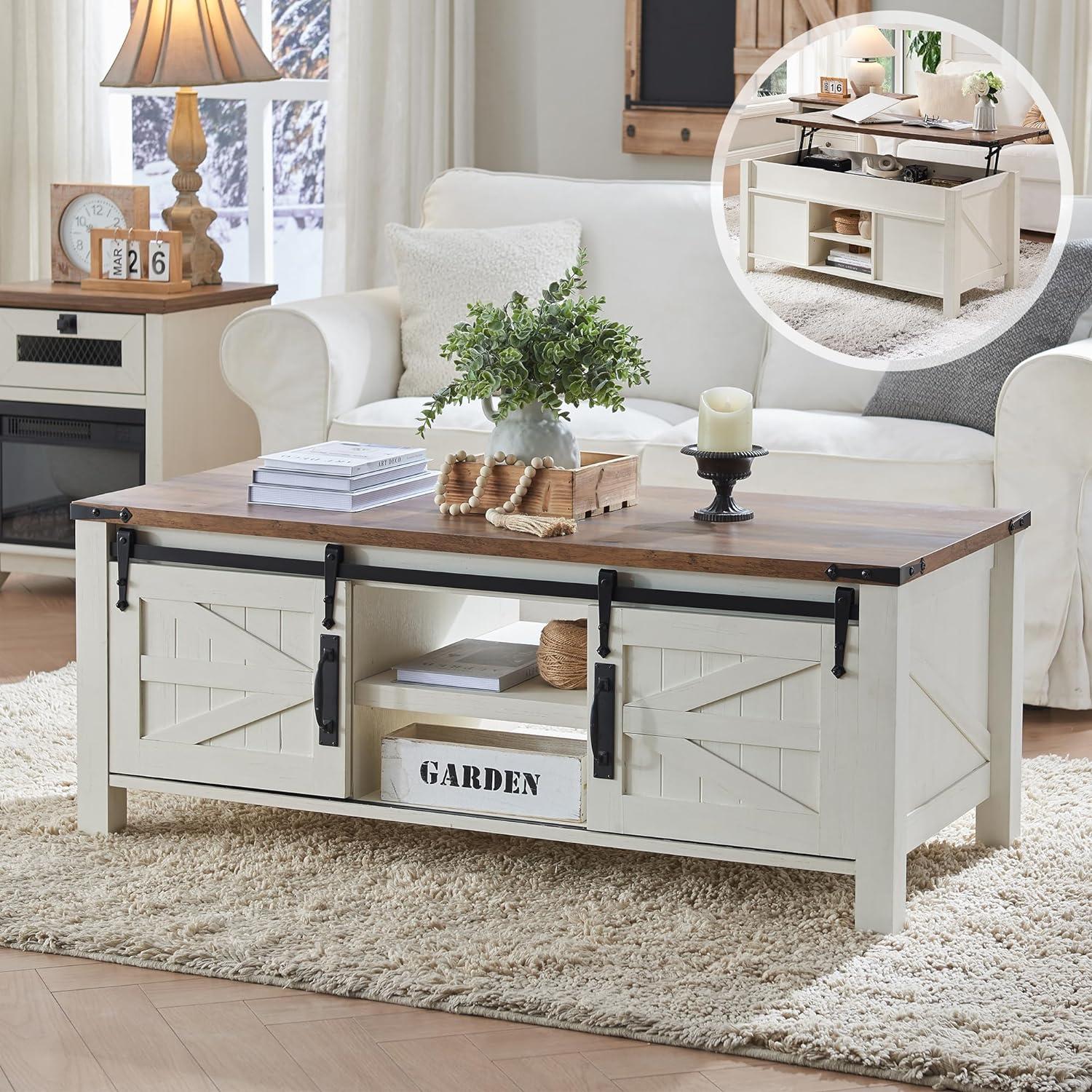 OKD Farmhouse Sturdy Coffee Table with Sliding Barn Doors and Storage Shelves for Living Room, Den, Family Room, or Office, Reclaimed Barnwood
