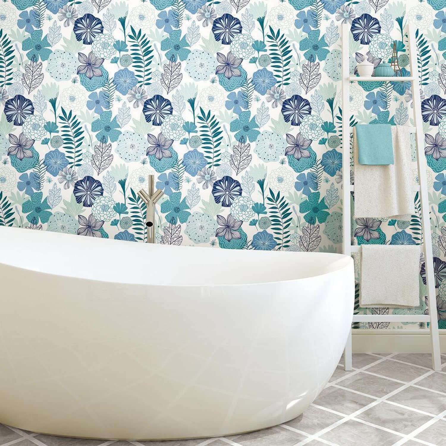 RoomMates Blooms Peel and Stick Wallpaper: Self-Adhesive Vinyl, Modern Floral, Repositionable, 28 Sq Ft Coverage, Blue