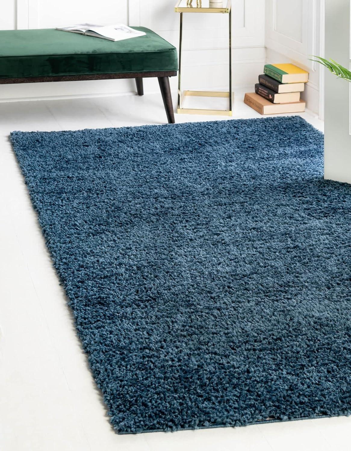 Marine Blue Handmade Shag Rug with Easy Care Synthetic Fibers