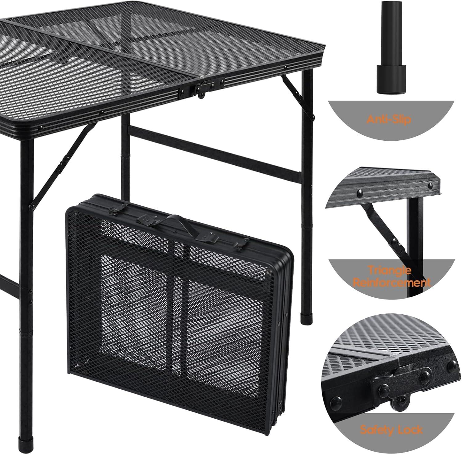 Black Adjustable Height Folding Grill Table with Metal Mesh