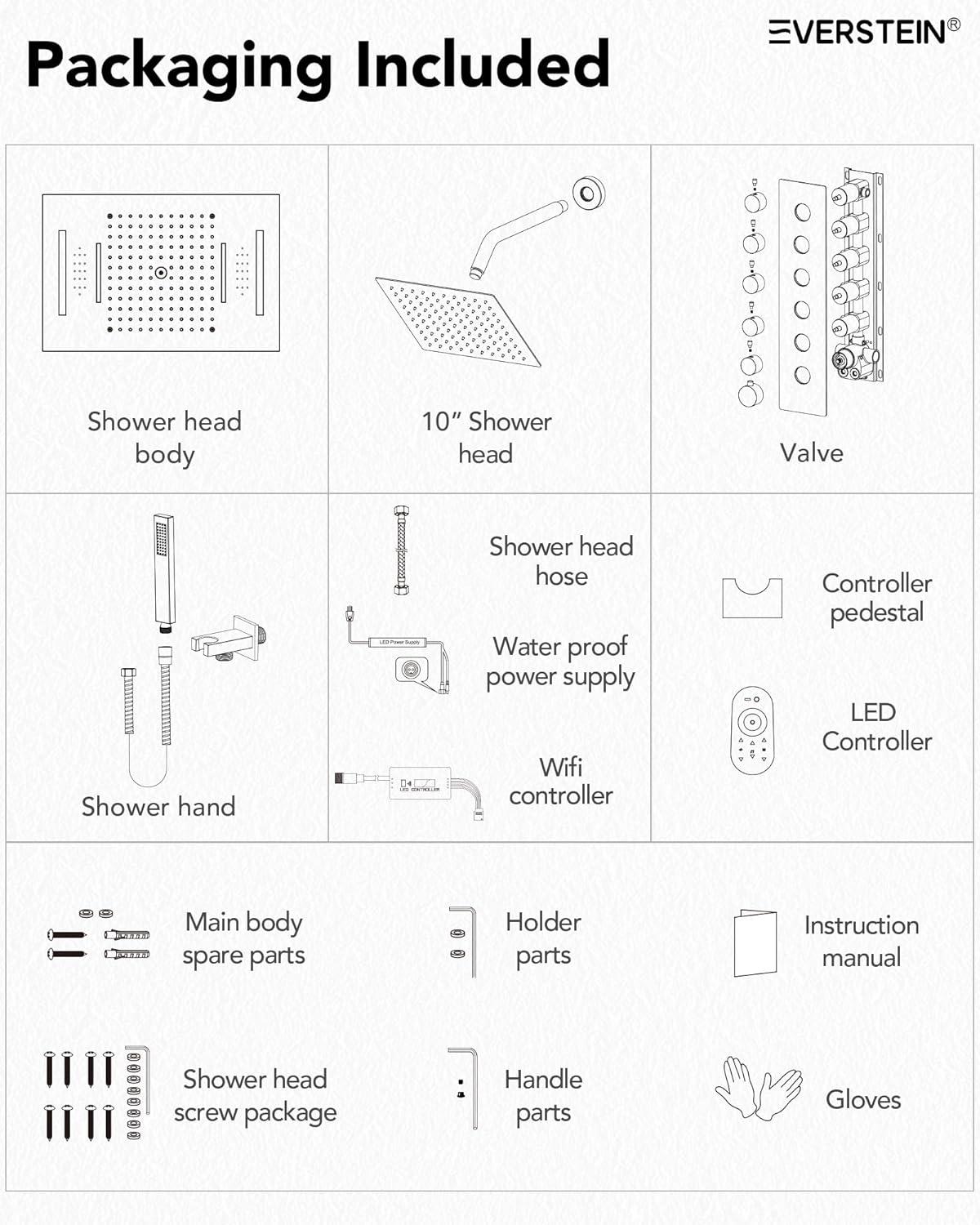 EVERSTEIN Music Thermostatic Shower System,Dual Showerheads with LED Mood Lighting SFS-1051-BK
