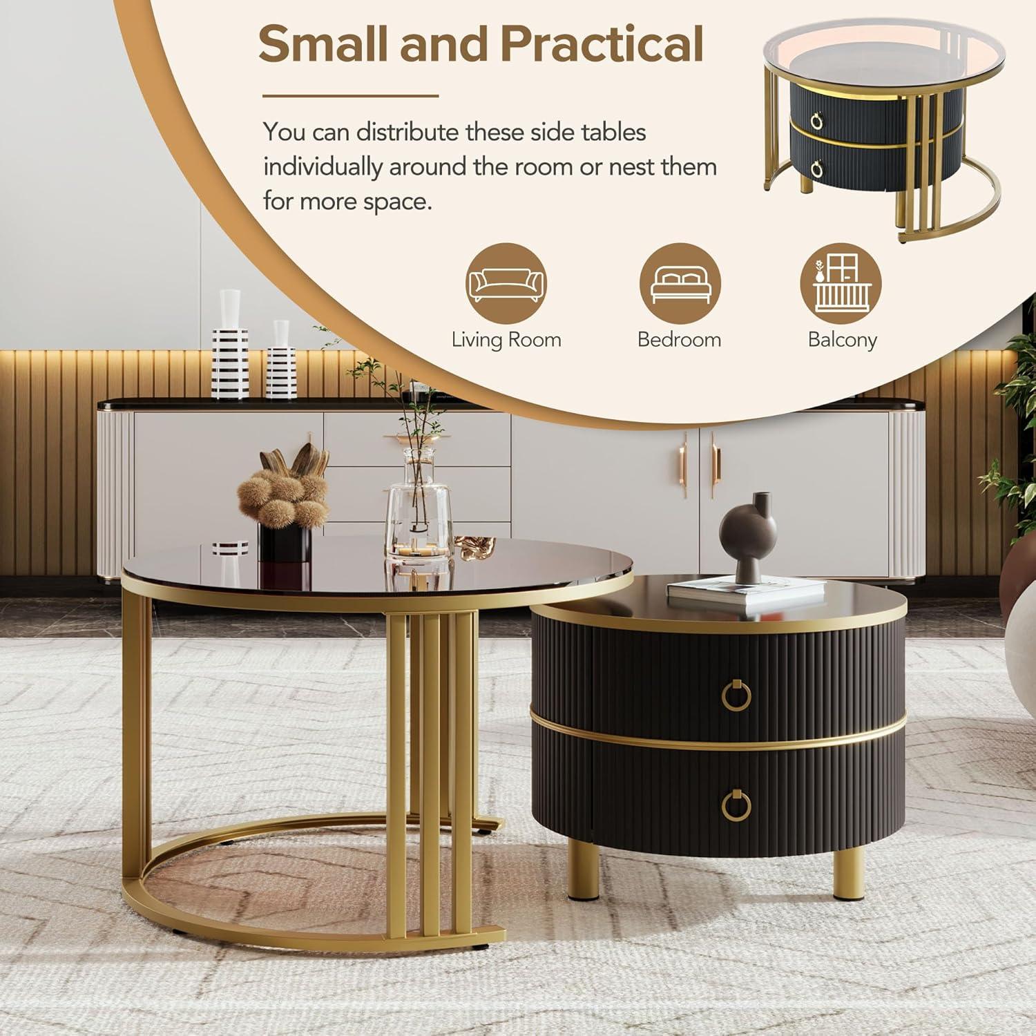 Modern Round Nesting Coffee Table Fluted with Drawer Multiple End Tables Utility Table Telephone Table for Living Room Office Bedroom Balcony, White & Gold