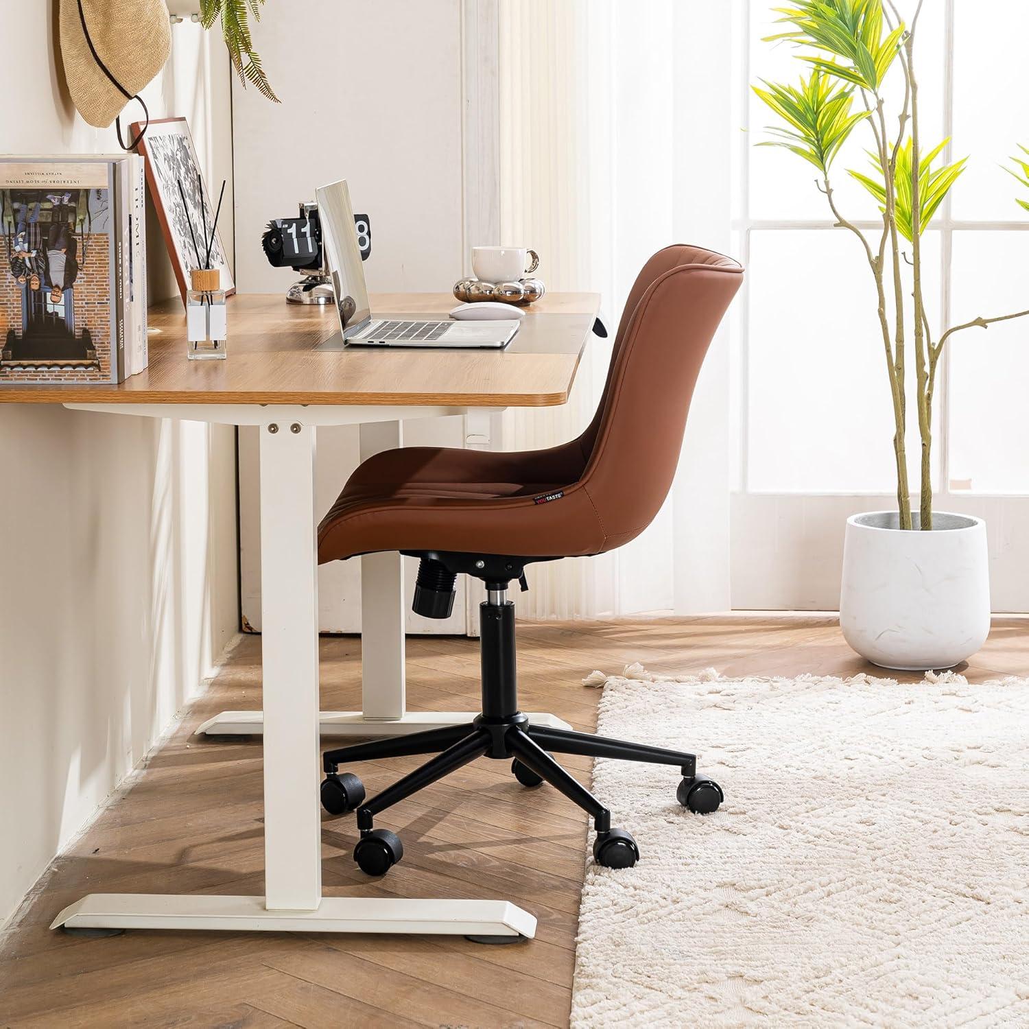 Coffee Brown Ergonomic Armless Faux Leather Swivel Task Chair