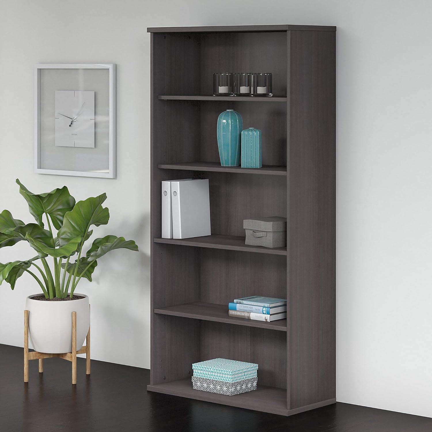 Transitional Storm Gray 5-Shelf Adjustable Bookcase in Engineered Wood